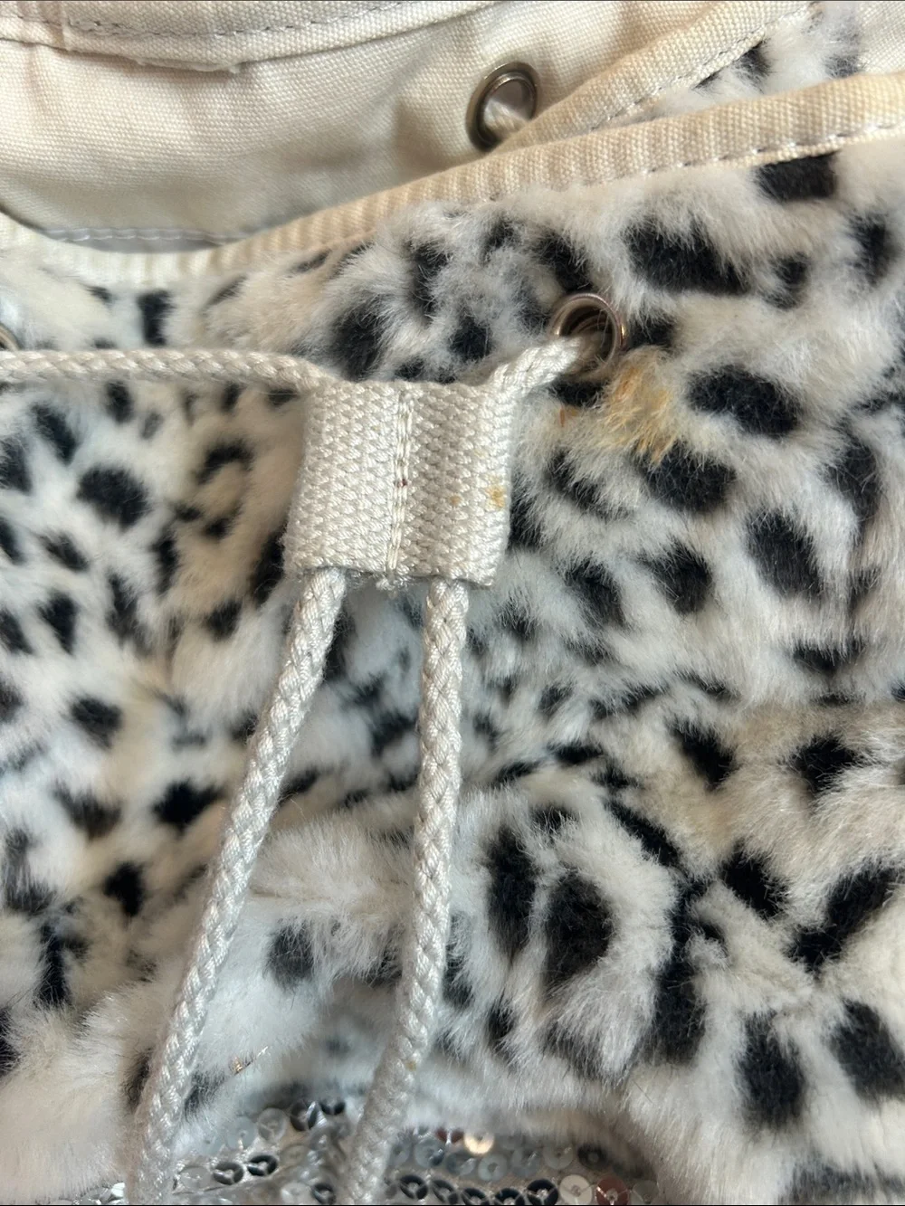Girls White Faux Fur Leopard Backpack with Silver Sequin Accents